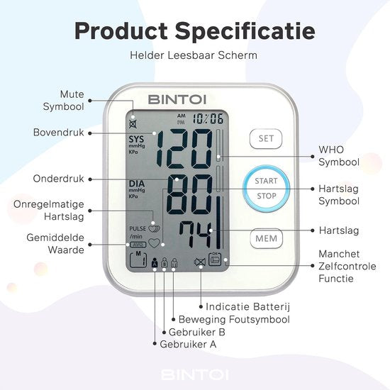 Bintoi BX200 Bloeddrukmeter Bovenarm – Hartslagmeter – 2 Gebruikers – Incl. Tas & Batterijen
