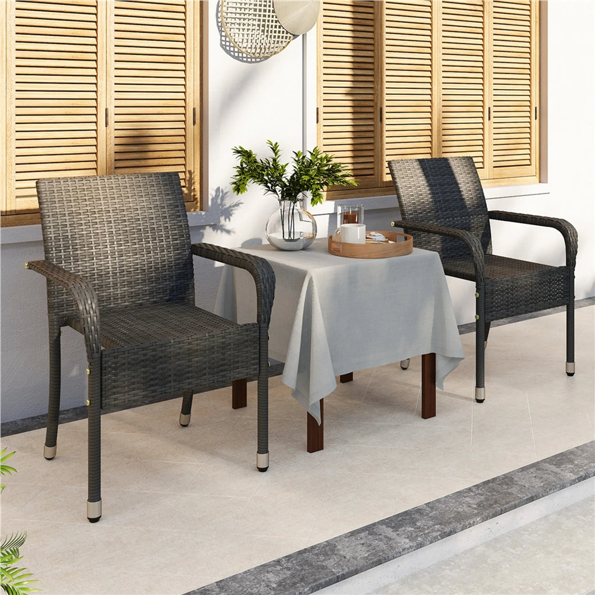 Yaheetech Set van 2 Stapelbare Tuinstoelen van PE-Rattan 58x58x84 cm – Sfeervol Grijs – Rattan en Metaal
