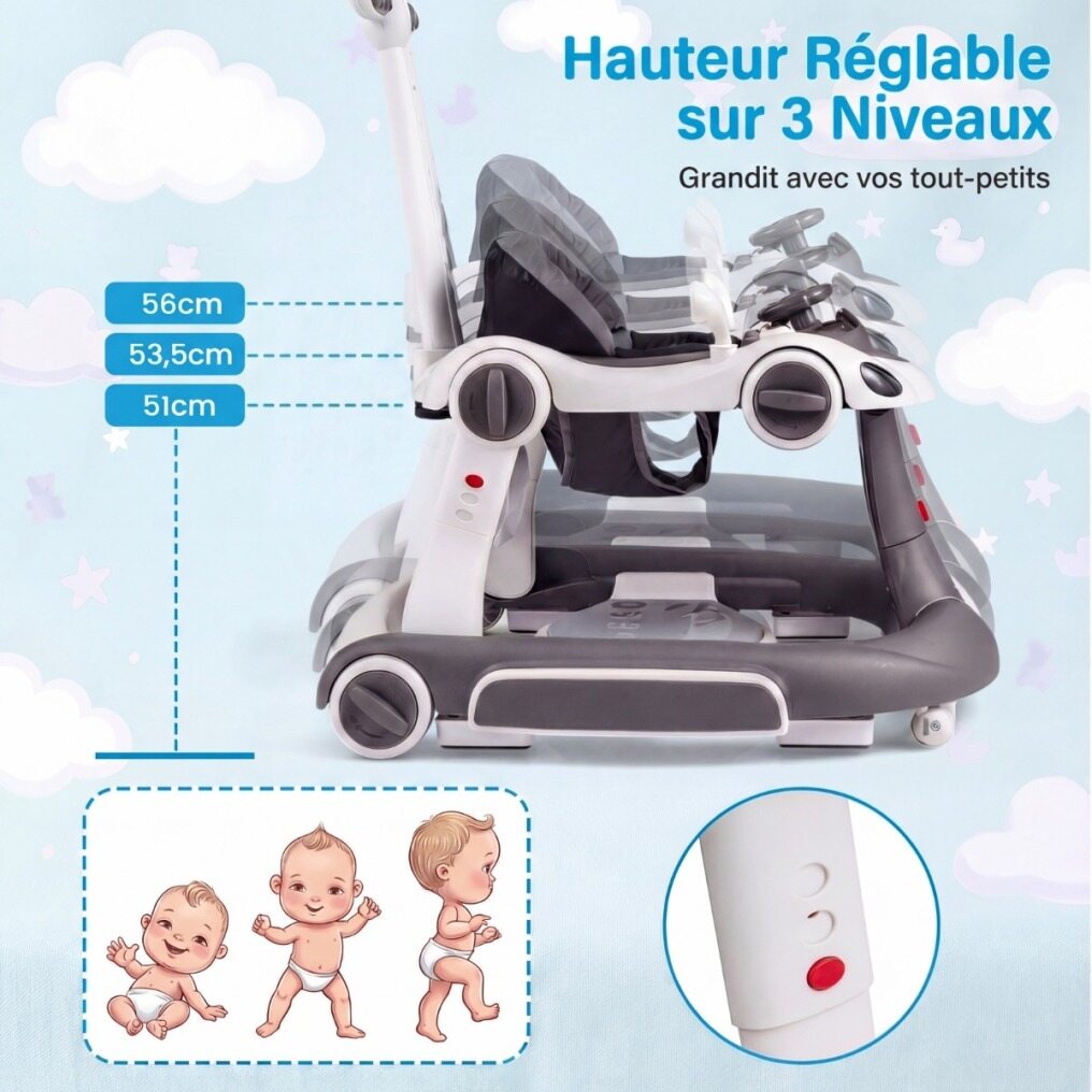 Coast 6-in-1 Babywalker - Activiteitencentrum - Verstelbaar - Muziek - Verlichting - Schommel - Grijs