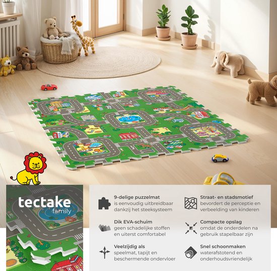 tectake® - Speelkleed - Speelmat foam - Speeltapijt baby - Stad en Wegen - 90 x 90 cm - 9-delige Puzzelmat - Antislip - Geluidsdempend en vochtwerend
