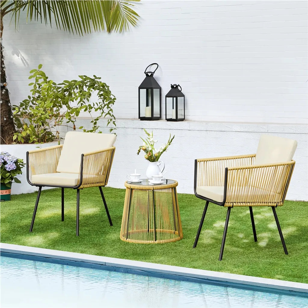 Yaheetech Tuinmeubelset 3-delig - Lichtbruin/Crèmewit - Polyrattan Balkonset met Ronde Bijzettafel en Zit- & Rugkussens