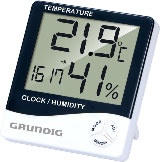 Grundig Weerstation Digitaal - Thermometer Binnen en Buiten met Hygrometer - Weerstation Binnen en Buiten met Klok en Alarm - LCD Display - 9.5 x 10.5 x 2 cm - Wit/Zwart