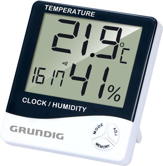 Grundig Weerstation Digitaal - Thermometer Binnen en Buiten met Hygrometer - Weerstation Binnen en Buiten met Klok en Alarm - LCD Display - 9.5 x 10.5 x 2 cm - Wit/Zwart
