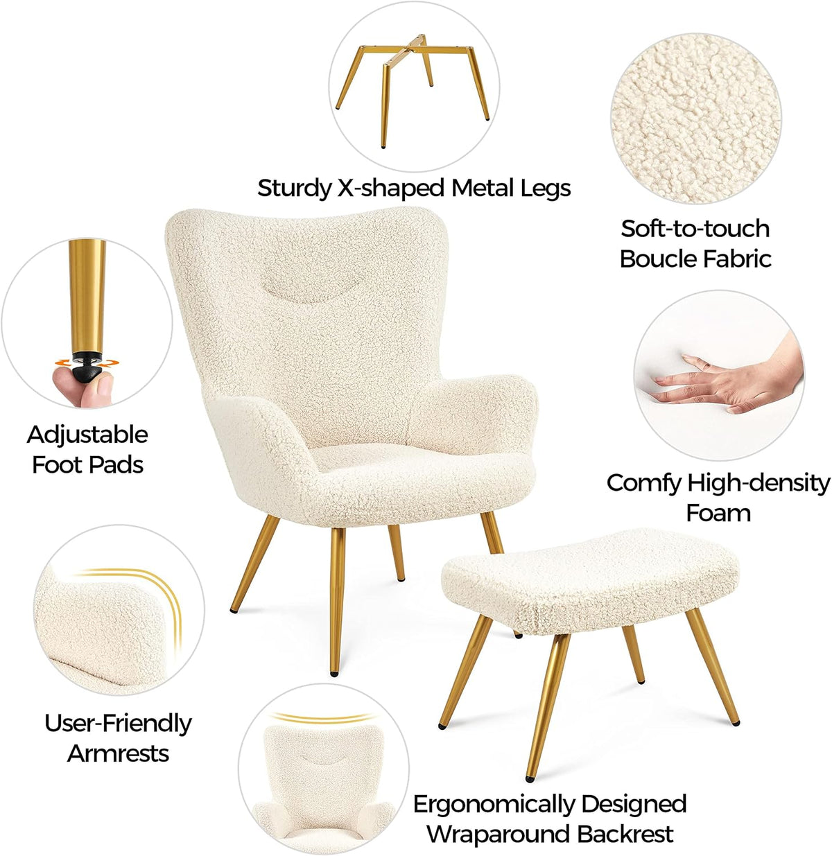 Yaheetech Oorfauteuil met Voetenbank – Teddy Stof – Ivoorwit – 67,5 x 70 x 97,5 cm