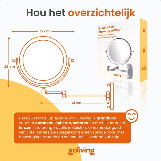 Goliving Make Up Spiegel Met Verlichting - Ø25 cm - 10x Vergroting - Dimbare Make-upspiegel - Scheerspiegel - LED Verlichting - USB-C Oplaadbaar - Dubbelzijdig - 27 x 27 cm - Chroom