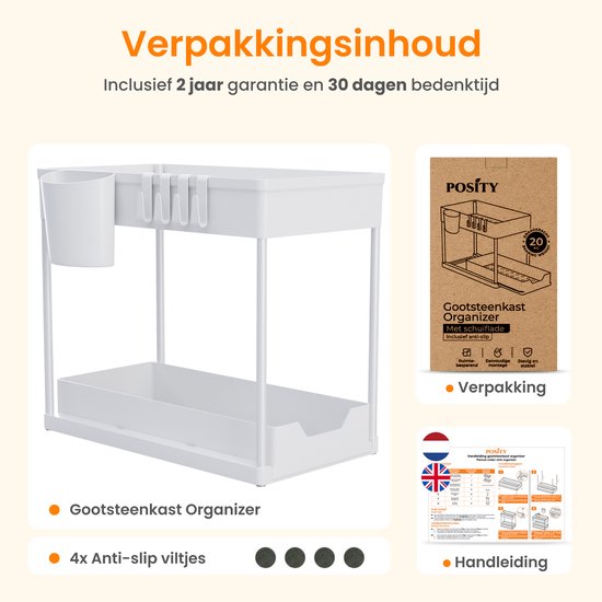 Posity Gootsteenkast Organizer - Keukenkastje Organizer - Schuiflade - Kast Organizer - Badkamer Organizer - Aanrecht Organiser - 1 Uitschuifbare Lade - Wit
