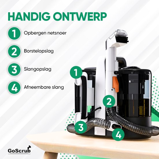 GoScrub Tapijtreiniger – Incl. Accessoires & Schoonmaakmiddel – 600 W – 18 x 35 x 30 cm – Zwart/Wit
