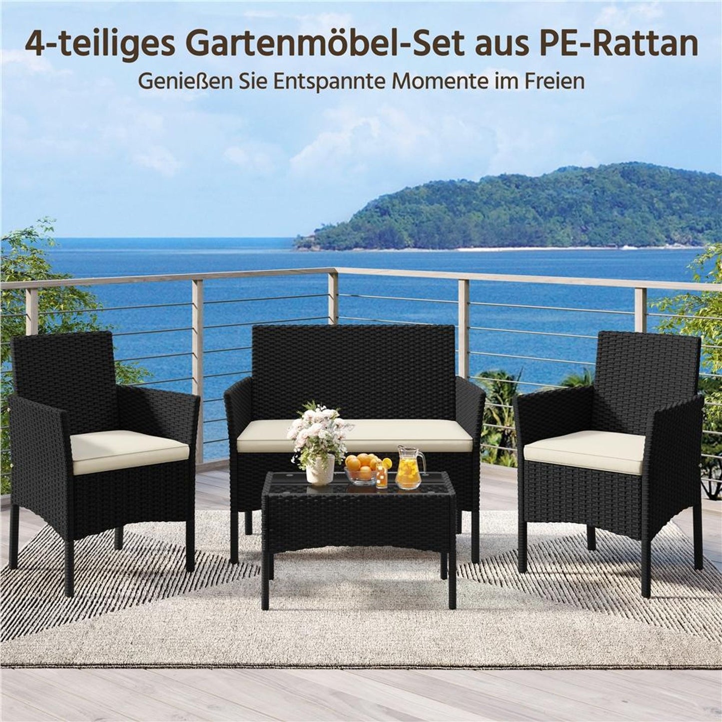 Yaheetech 4-delige Loungeset Rattan - Tafel, 2 Stoelen & 2-Zits Bank - Weerbestendige Kussens - Zwart & Beige - 106x58x80 cm