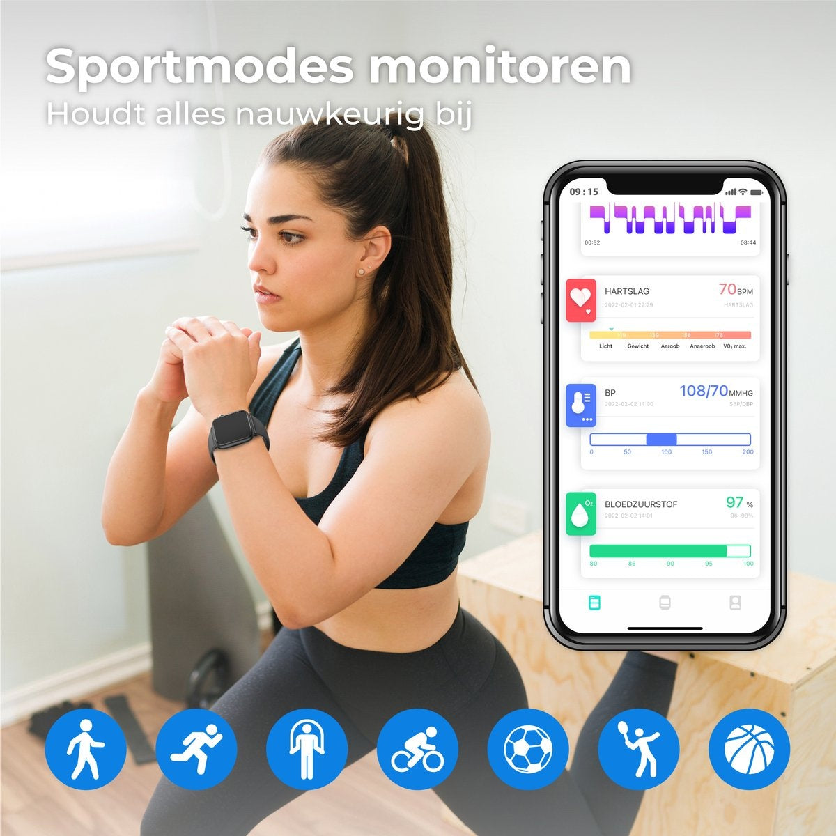 Nuvance - Smartwatch Heren & Dames met Bluetooth - 45mm - Geschikt voor alle Smartphones - Stappenteller en Hartslagmeter - Waterdicht - Zwart