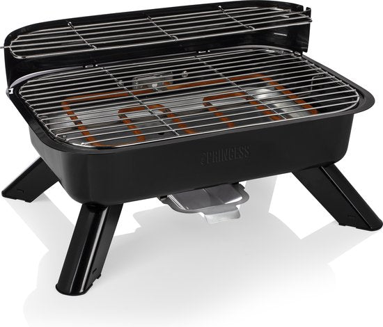 Princess 112252 Hybride Barbecue – 2000W – Elektrisch of Houtskool BBQ – Compact Tafelmodel – Ideaal voor Balkon & Camping – 44x29 cm