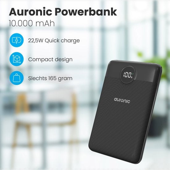 Auronic Powerbank - Geschikt voor iPhone 12/13/14/15 en Samsung S21/S22/S23 - 10.000 mAh - 22.5W - 2 Oplaadpoorten - Snelladen via USB-A en USB-C - Zwart