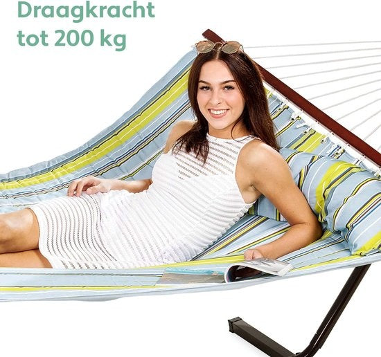 Vita5 Hangmat met Standaard en Spreidstok – 2 Persoons – Afneembaar kussen – Weerbestendig – Blauw/Groen
