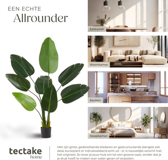 tectake® Kunstmatige Paradijsvogelboom Tropic – Strelitzia - Natuurgetrouwe Kunstplant met Gedetailleerde Bladeren en Stevige Bloempot – Onderhoudsvriendelijk en Veelzijdig – Hoogte: 120 cm