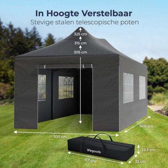 LifeGoods Partytent - Paviljoen - EasyUp - Opvouwbaar - 4 Zijwanden - Waterdicht - Met Draagtas met wieltjes - 300 x 600 cm - Antraciet