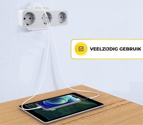 MostEssential Premium 5-in-1 Verdeelstekker - Stopcontact Splitter - 3 Stopcontacten & 2 USB-Poorten - Horizontaal - Wit