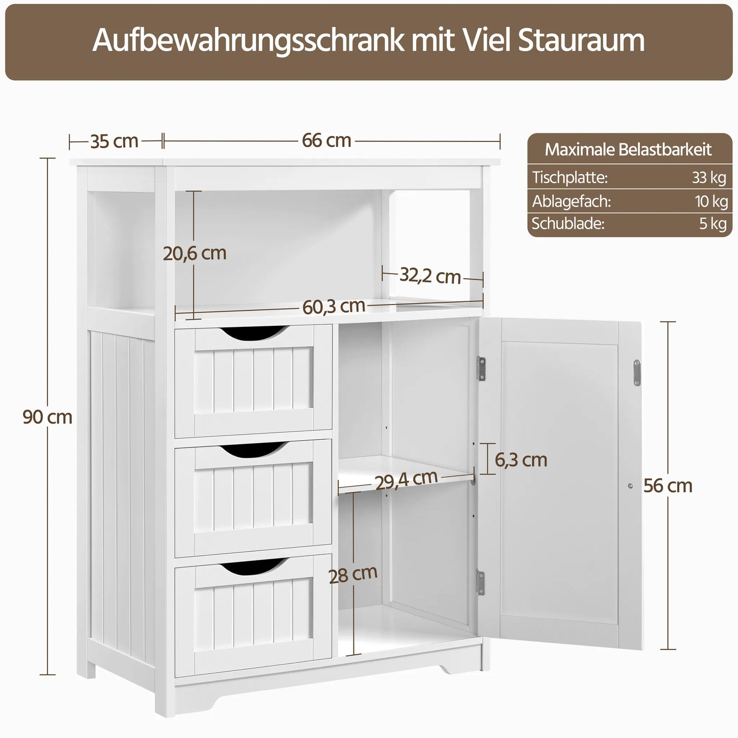 Yaheetech Badkamerkast Met 3 Lades – Voorzien Van Verstelbare Plank En Open Opbergvak En Metalen Beslag – Voor Badkamer Woonkamer En Slaapkamer – Wit Mdf En Metaal – 66 x 35 x 90 cm