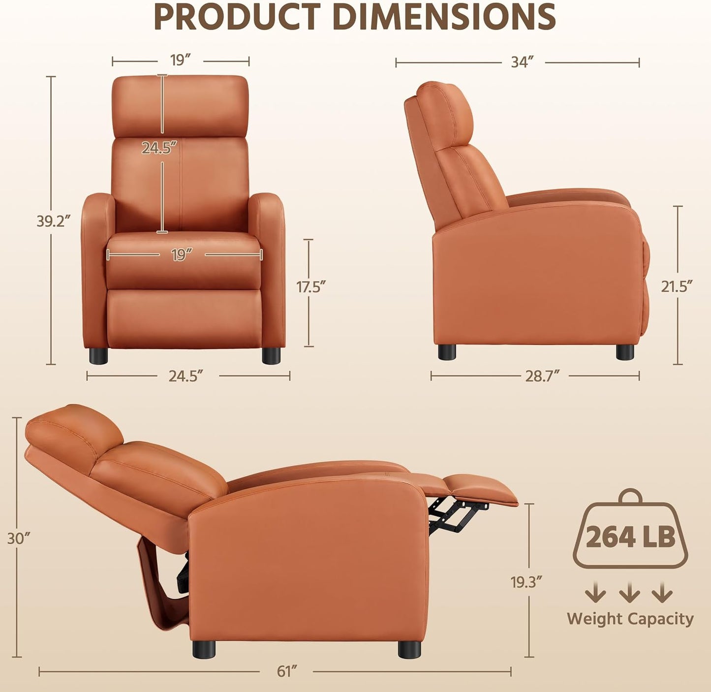 Yaheetech Relaxfauteuil Set van 2 - 67,3 x 85,1 x 99,6 cm - Verstelbare Voetsteun - Kunstleer - Tan