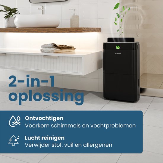 Auronic Luchtontvochtiger en Luchtreiniger - Better Plus Series - Ontvochtigt 12L per dag - 5L Waterreservoir - Slaapkamer, Badkamer, Woonkamer en Kantoor - Vochtvreter voor in Huis - Zwart