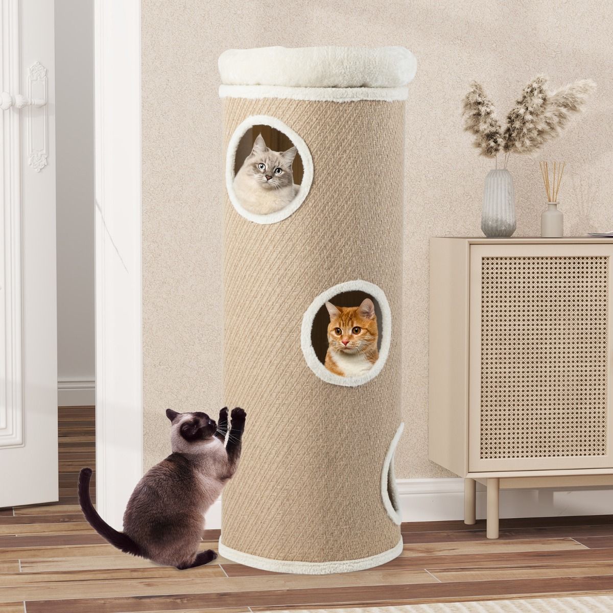 Coast Kattenhuis met Vier Verdiepingen - Pluche Bed - Sisal Krabpalen - Bruin 43 x 43 x 113 cm