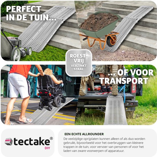 tectake® - Set van 2 oprijplaten Björn - Opvouwbaar met draaggrepen - Inklapbaar - Belastbaar tot 400 kg - 200 kg per plaat - 166 cm