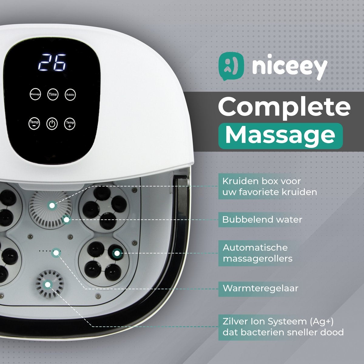 Niceey Massage Voetenbad 3XL – Automatische Massage Rollers - Tot 48°C - Elektrisch Voetbad met Bubbelfunctie – Infrarood Voetmassage - Met Afstandsbediening - 14L - Wit