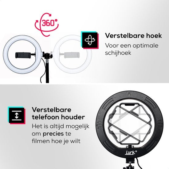 LURK ringlicht studioset 8 inch met verstelbaar statief, microfoon en afstandsbediening -  zwart