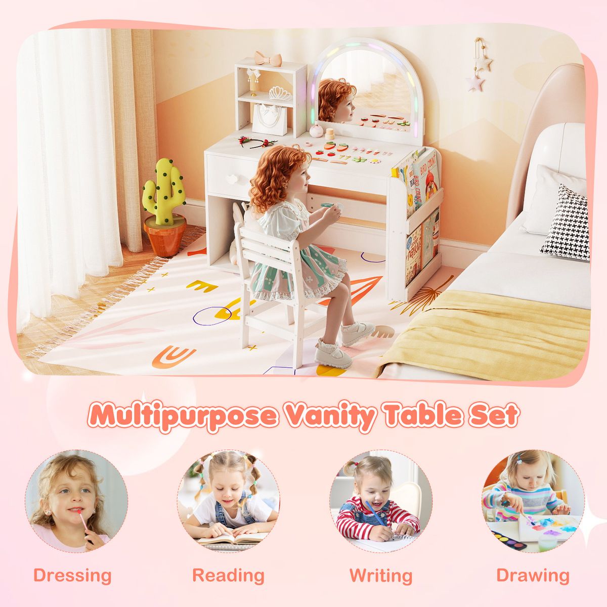 Coast Kinderkaptafel met Stoel - Verlichte Spiegel - Opbergruimte - Roze en Wit