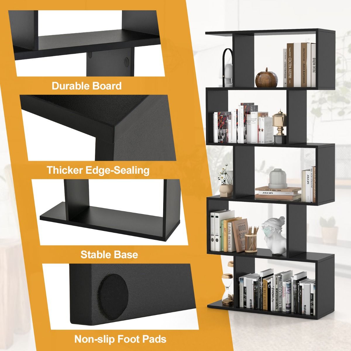 Coast Boekenkast S-vorm - 5 niveaus - anti-kantel opbergmeubel - zwart - 70 x 23,5 x 158 cm