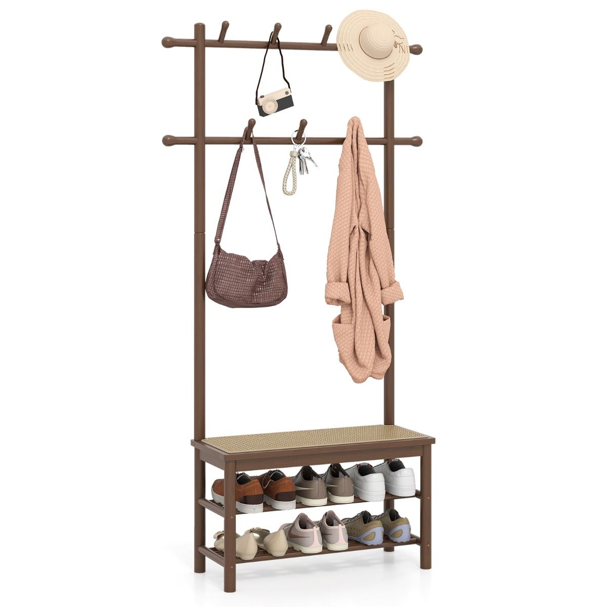 Coast Bamboe Kapstok met Bankje - Schoenenrek - PE-rotan Zitting - Bruin & Naturel - 71 x 30 x 169,5 cm