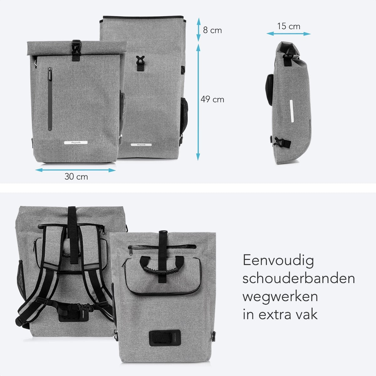 LifeGoods Enkele Fietstas - Compact - Schoudertas en Rugtas - 25L - Ronde Bagagedragers - Waterdicht - Grijs