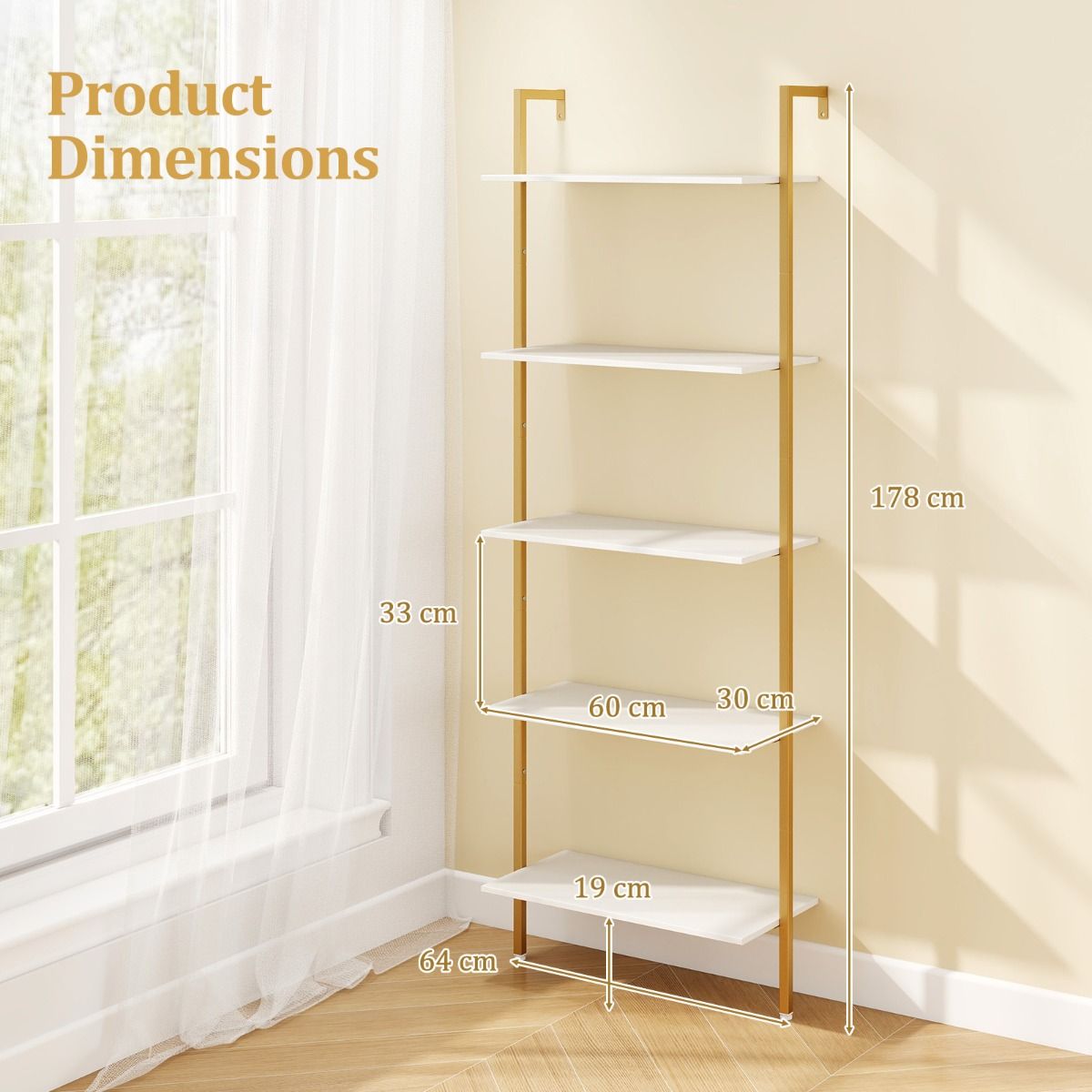 Coast Boekenrek met 5 Planken - Wandgemonteerd - Metalen Frame - Wit en Goud