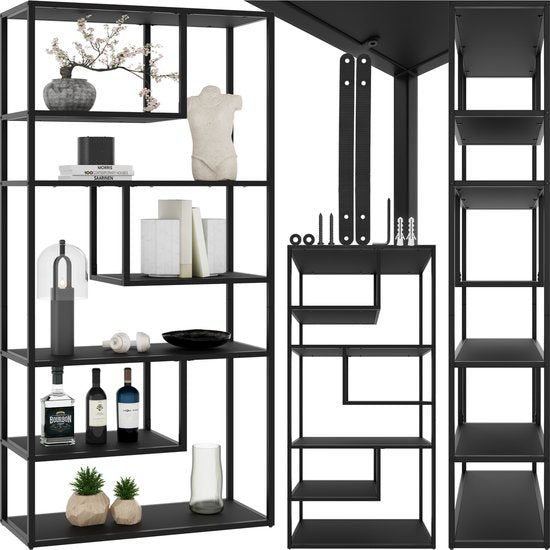 tectake® Wandkast Venda - 85 x 35 x 188 cm - Industriële Look - Stalen Frame - Kast met Kantelbeveiliging - Boekenkast met 6 Asymmetrische Vakken - Moderne Opbergkast voor Woonkamer, Keuken of Slaapkamer