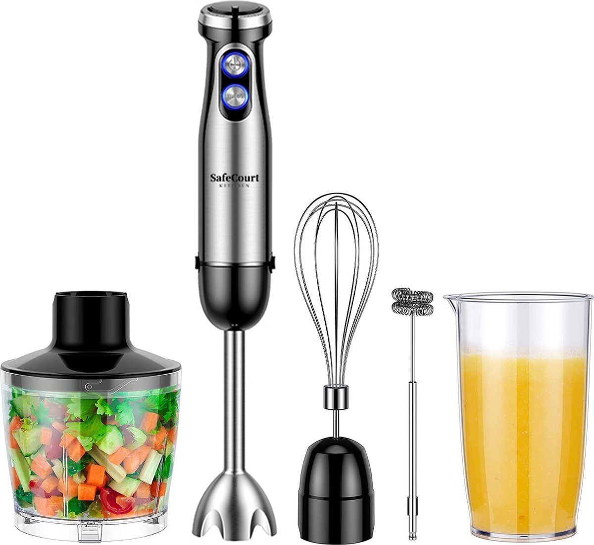Safecourt Kitchen Staafmixer Set -  5 in 1 Multifunctionele Staafmixer - 20 Snelheden - 1000 Watt - Hakmolen - Inclusief Melkopschuimer & Maatbeker