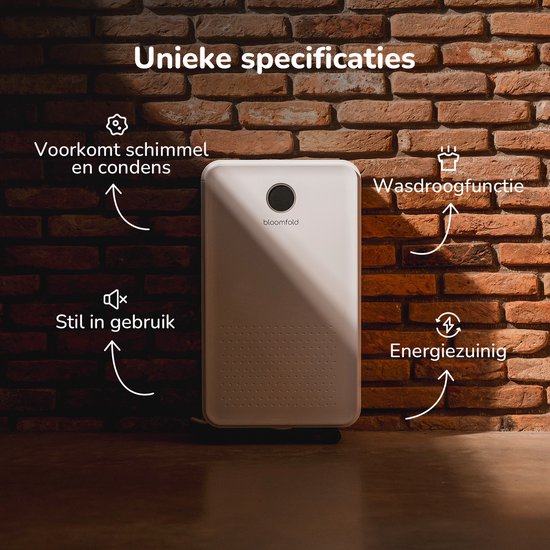 Bloomfold Luchtontvochtiger - 16L per Dag - Incl. Was-droog Functie - Geschikt voor Woonkamer, Slaapkamer, Kelder & Badkamer - Dehumidifier - Wit