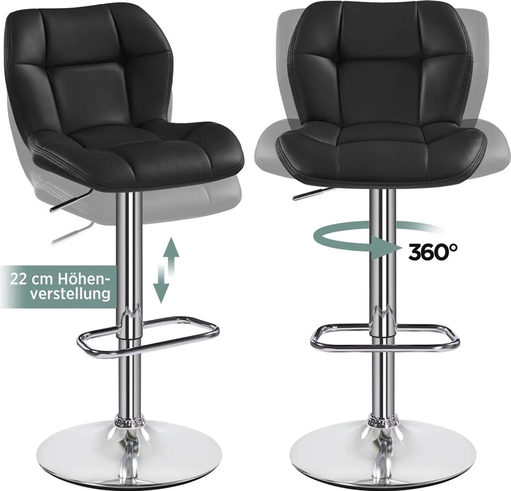 Yaheetech Barkrukken Set van 2 – Zwart Kunstleer – Verstelbaar 62,5–84,5 cm – 360° Draaibaar met Rugleuning en Voetsteun