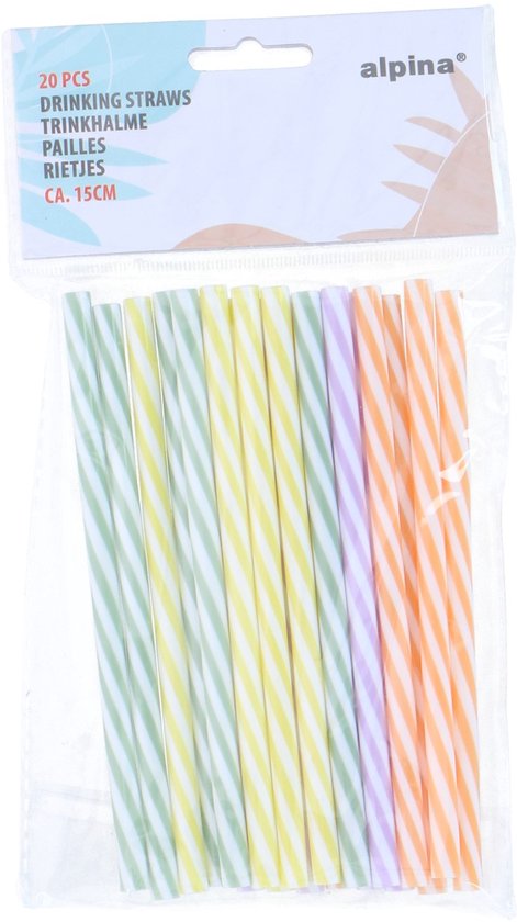 Alpina Straw 20pc 4as - Set van 20 Drinkrietjes - Kunststof - Vaatwasmachinebestendig - Ideaal voor Koude Dranken - Lengte 22 cm - 4 Kleuren Gestreept (Oranje, Geel, Groen, Paars)