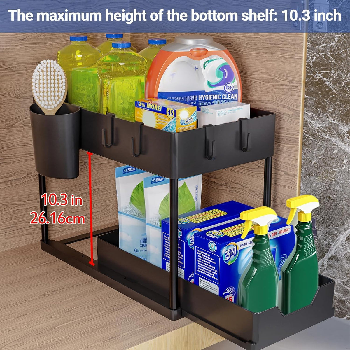Gootsteenkast organizer met uitschuiflade - 2 niveaus - 39,5 x 21,5 x 35,5 cm - Zwart