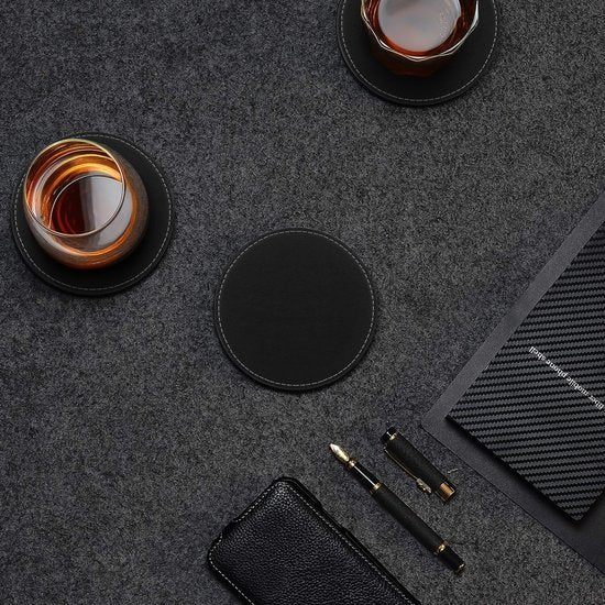 Castagnola Kunstlederen Onderzetters – Onderzetters voor Glazen – Design Onderzetters met Houder – Leren Onderzettersset – Leder – Set van 10 – Zwart met Stiksel