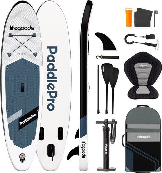 LifeGoods SUP Board Allround Compact - Met Zitje - 100 KG Draagkracht - 300 x 76 cm - Opblaasbaar - Compleet SUP pakket - Zwart/Wit