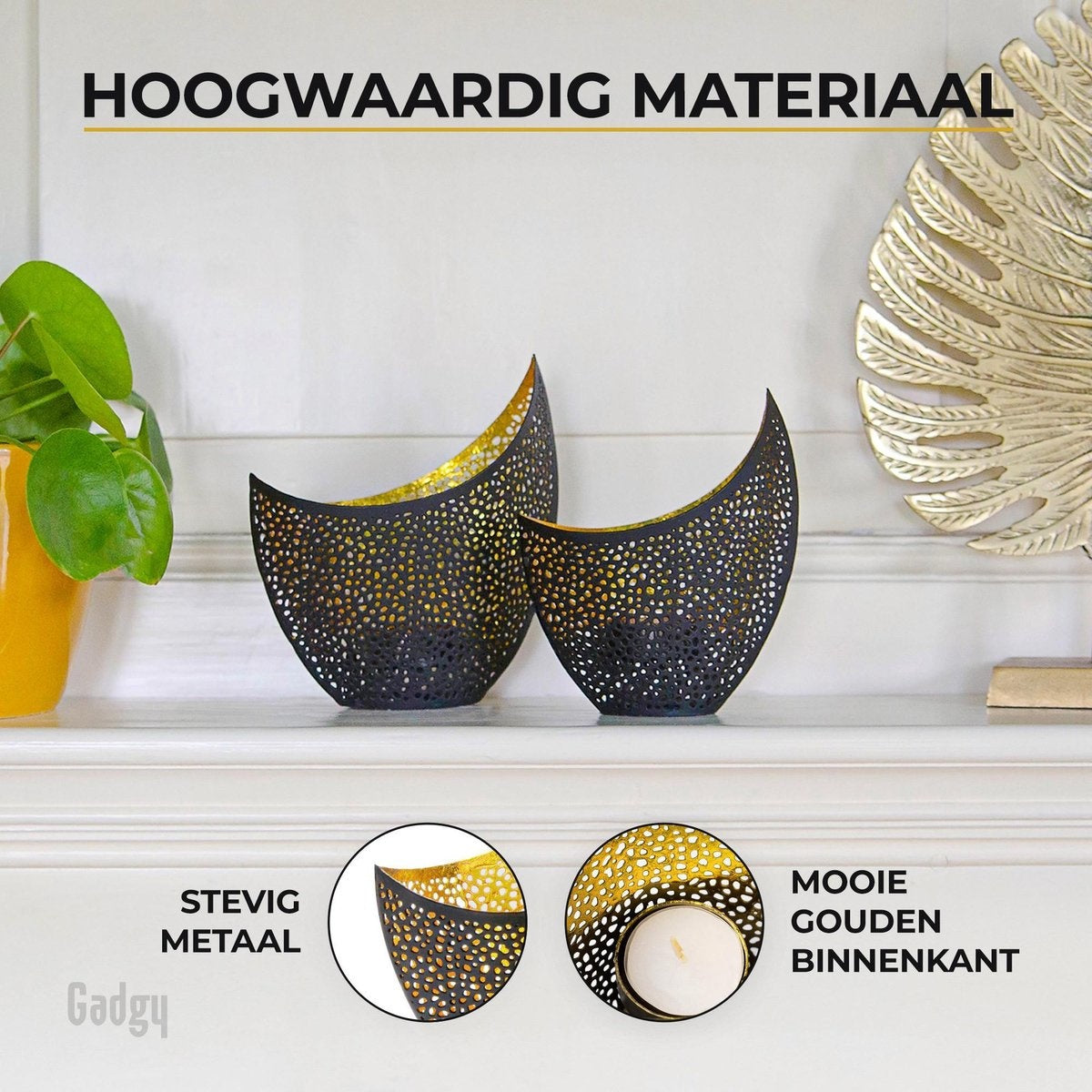 Gadgy Waxinelichthouder Oosters – Set van 2 - 16 en 14.5cm - Theelichthouders - Zwart /Goud - Metaal