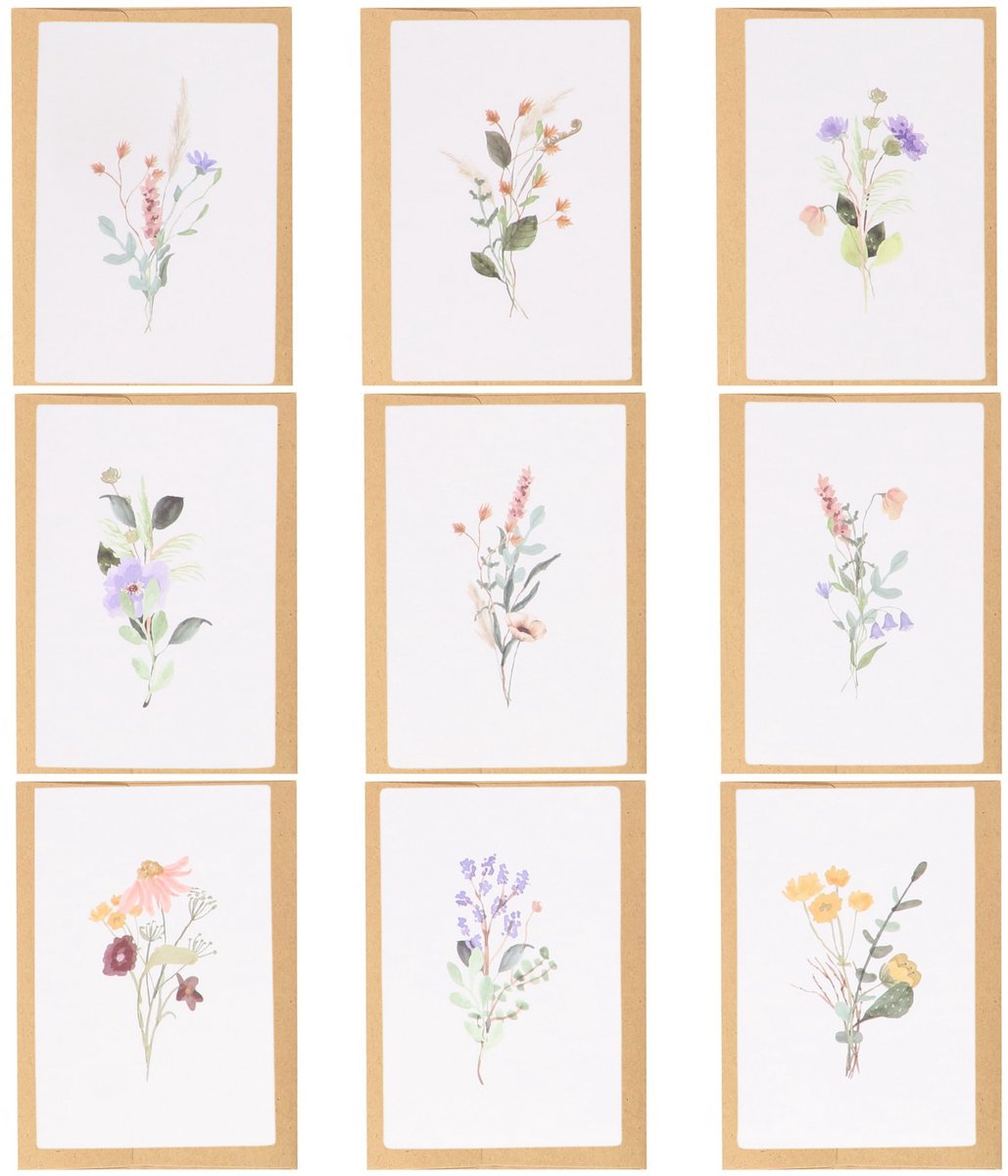 Partizzle – Droogbloemen Wenskaarten Set van 36 – 15 x 10 cm & Aquarel Design – Voorzien Van Kraft Enveloppen En Blanco Binnenkant – Voor Huwelijk En Felicitatie – Meerkleurig FSC-papier