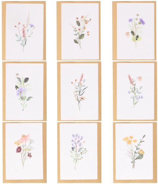 Partizzle – Droogbloemen Wenskaarten Set van 36 – 15 x 10 cm & Aquarel Design – Voorzien Van Kraft Enveloppen En Blanco Binnenkant – Voor Huwelijk En Felicitatie – Meerkleurig FSC-papier