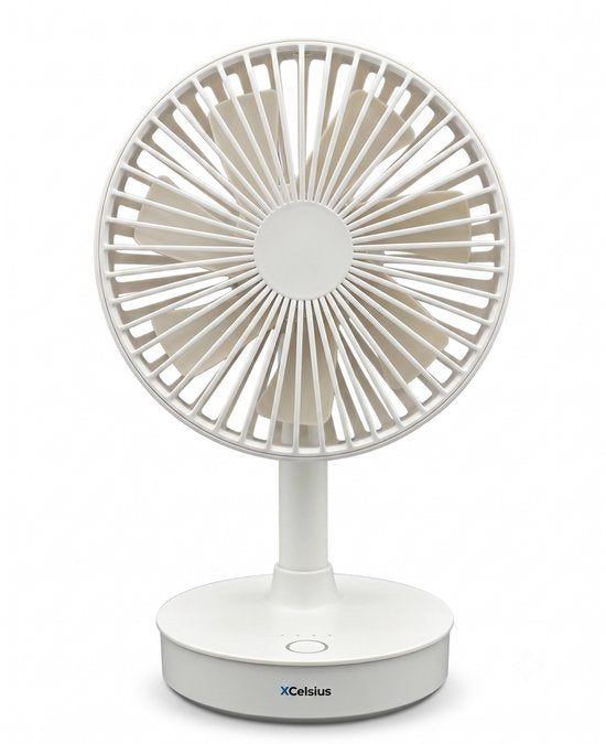 XCelsius® Tafelventilator Draadloos - Ventilator voor Bureau, Tafel en Werkplek - Oplaadbaar met USB-C - 4 Snelheden - Oscillerende Modus - Kantelbaar - Tijdens opladen gebruiken - Wit