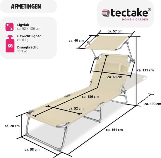 tectake® - ligstoel, robuust, verstelbaar, stalen onderstel met zonnescherm, 4-standen rugleuning inclusief hoofdkussen, strandstoel Ideaal voor tuin, zwembad, camping– beige - 68 x 190 x 28 cm