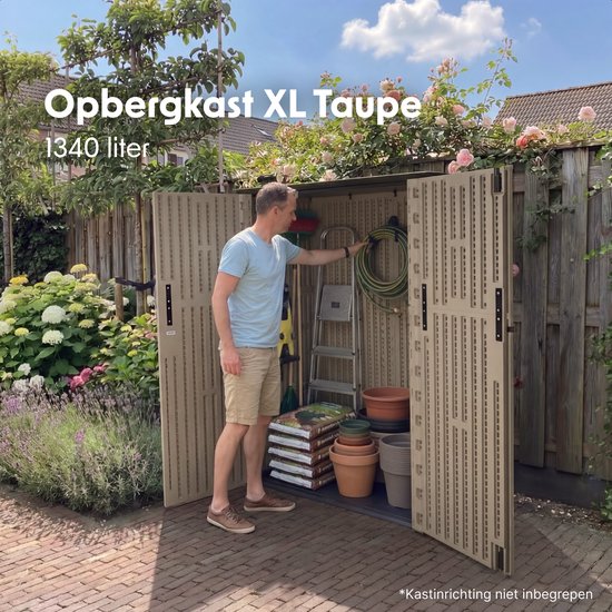 LifeGoods Tuinkast Verticaal - 1340L - Opbergkast - Waterdicht & UV-bestendig - Tuinbox - Taupe