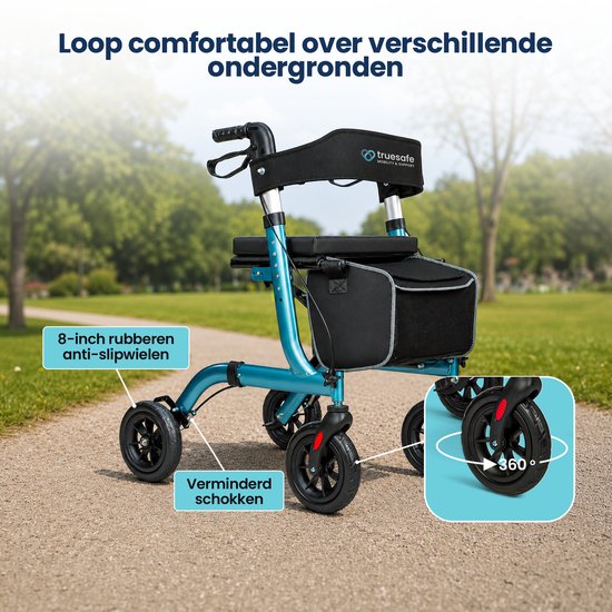 TrueSafe Rollator lichtgewicht en opvouwbaar (6,9 kg) - Voor binnen en buiten - Incl. ergonomisch zitkussen, verlichting, rugleuning, wandelstokhouder en meer - Blauw