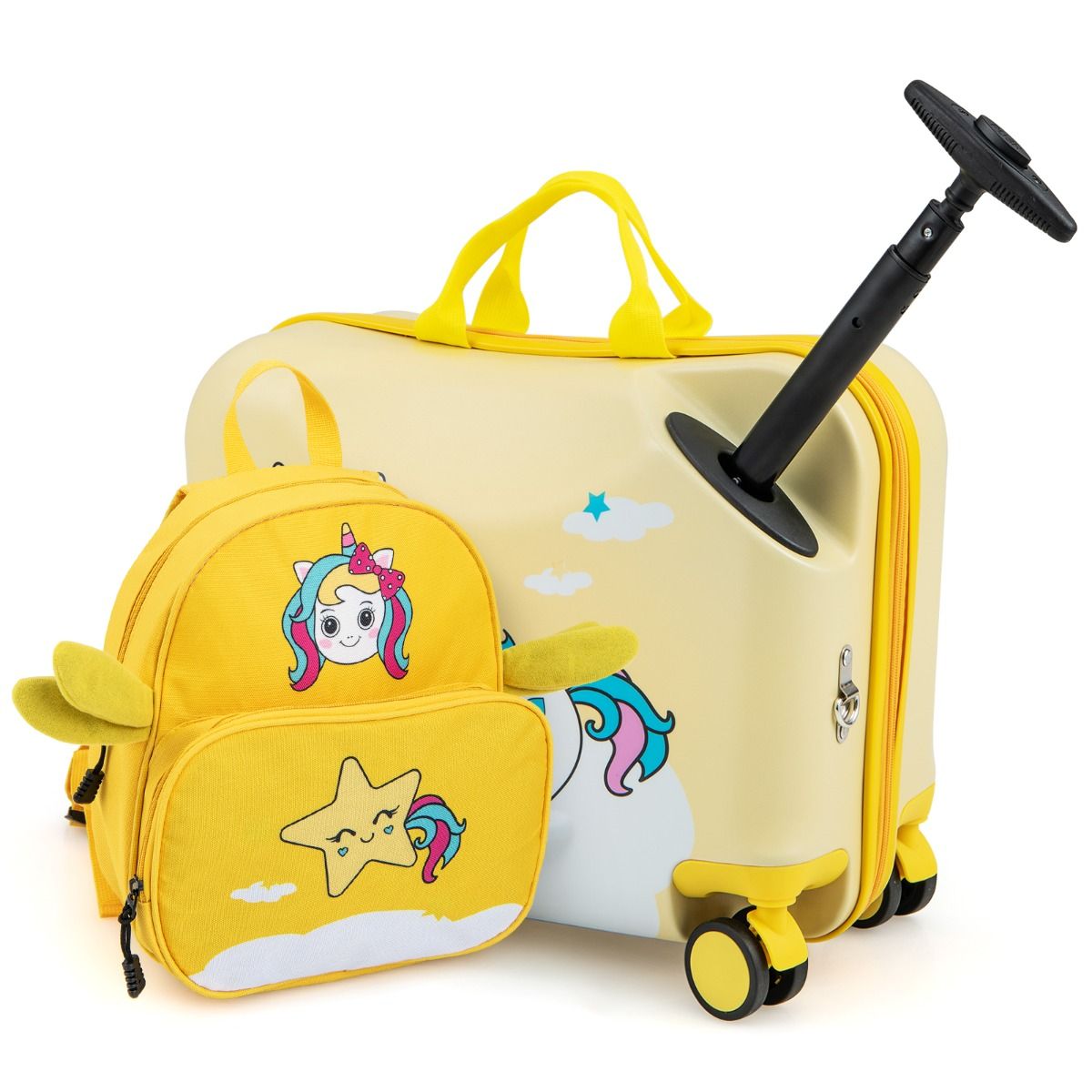 Coast Kinderkoffer en Rugzak Set - Ride-on Koffer met Wielen - Rugzak met Schattig Bijenmotief - Geel
