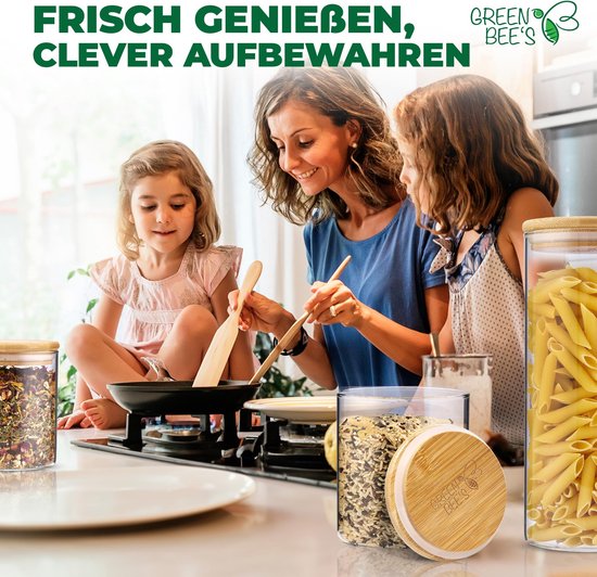 GREEN BEE'S set van 6 grote voorraadpotten - 2x1500ml & 4x650ml - Past perfect in lades en medicijnkastjes - Duurzame voorraadpotten met luchtdichte deksels - Voor bloem, rijst, pasta, muesli en bonen