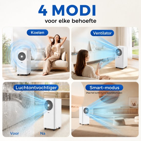 AUX 3-in-1 mobiele airconditioner 9000 BTU (Tot 36m2) , energieklasse A, wifi & afstandsbediening, 4 standen, zelfdemping, koelmiddel R290, wasbaar filter, inclusief raambeugel