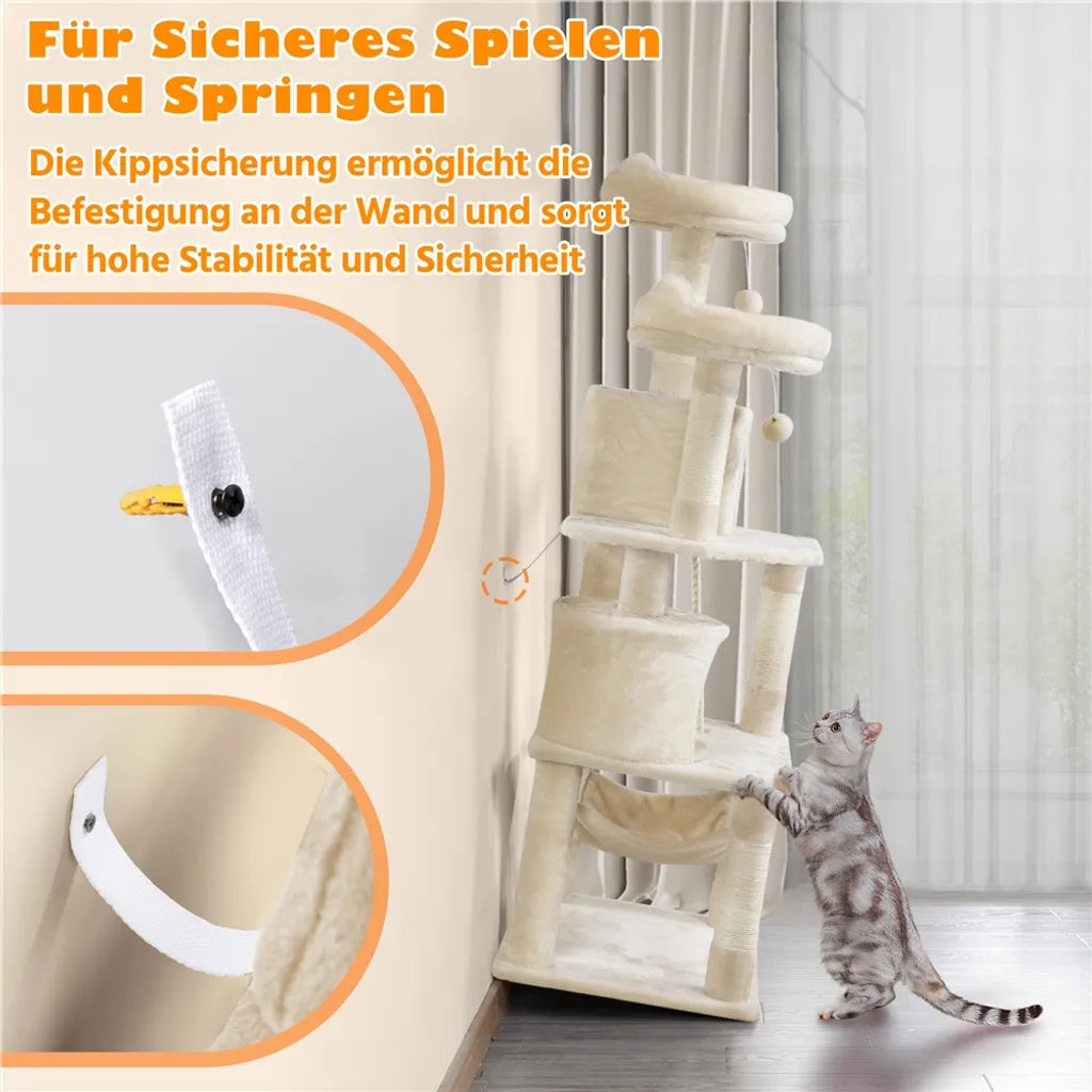Yaheetech Krabpaal Beige – 158 cm Hoog – Met 2 Platforms, 2 Kattenhuisjes en 5 Sisal Krabpalen